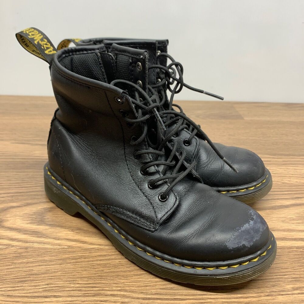 Dr. Martens Junior Kids 1460 Softy Black Leather Lace Up Zip Boots Size 3 EU 34